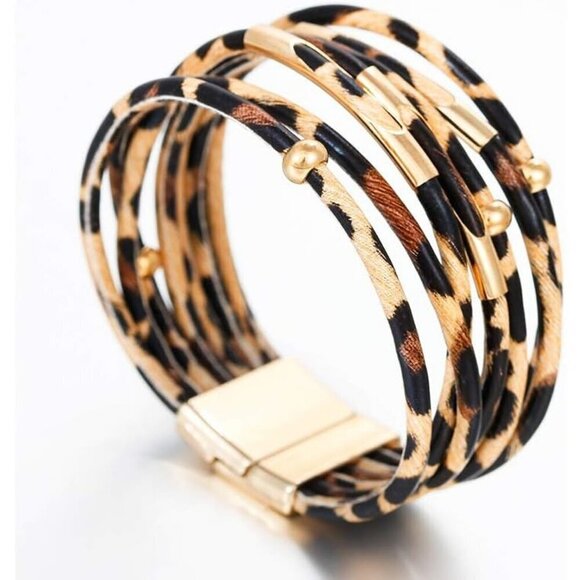 Women, Boho Leopard Multi-Layer Crystal Beads Cuff Bracelet Jewelry Leather Wrap - Picture 2 of 6